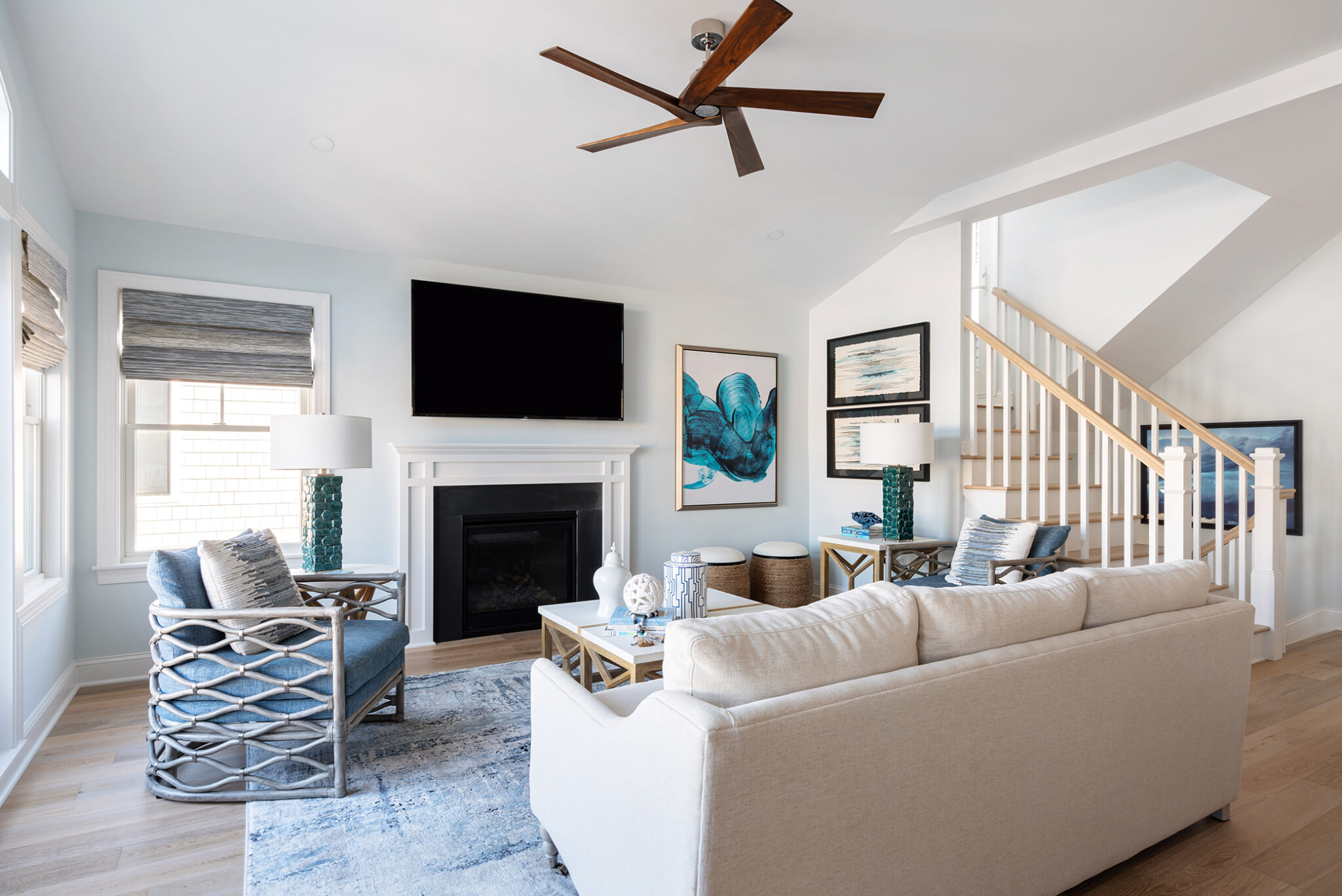 best interior design services in Inlet Beach FL, wicker chair with white and blue furniture for coastal living room